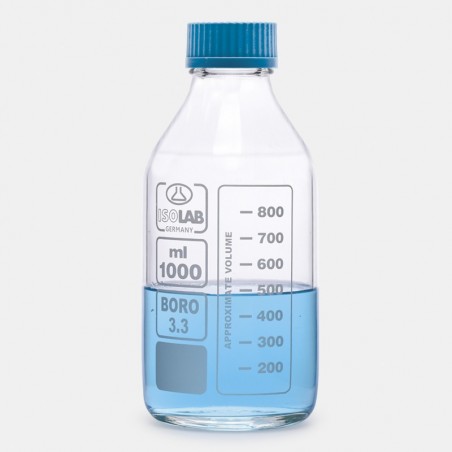 İsolab Şişe - Borosilikat Cam - Şeffaf - Vidalı Kapaklı - 1000 Ml - 10 Adet/Paket